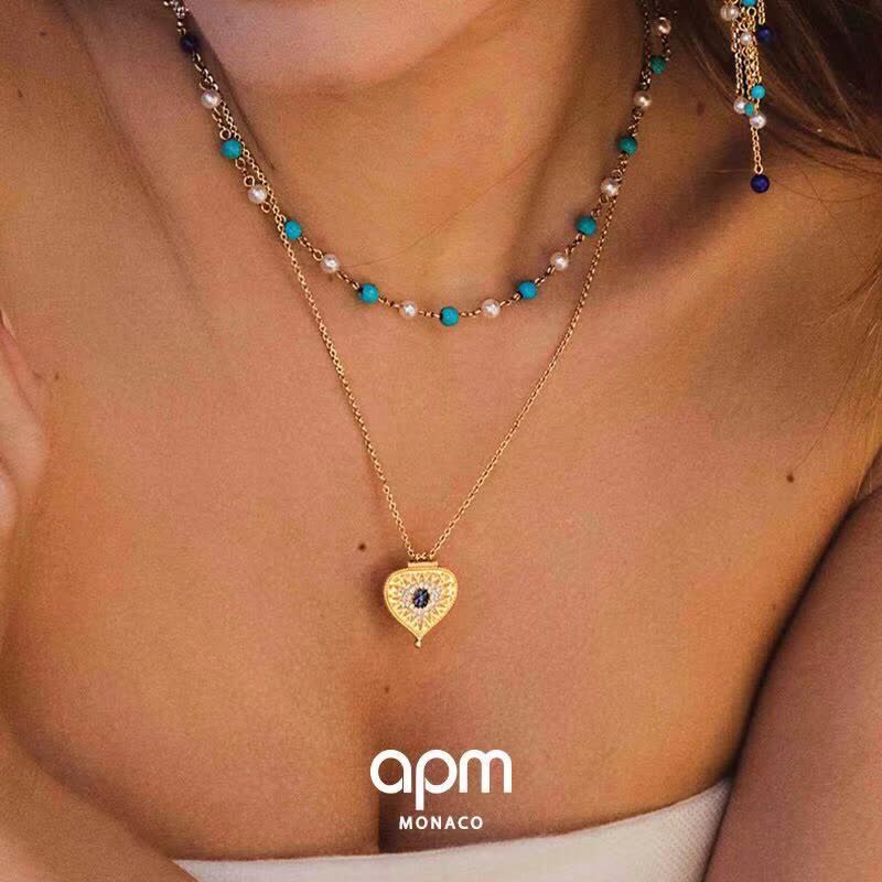 APM Monaco Elegant Double Layered Gold Plated Necklace with Turquoise and Pearl Beads